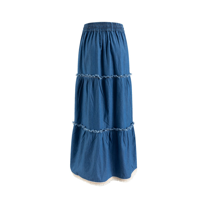 Blue Denim Layer Skirt With Tassels