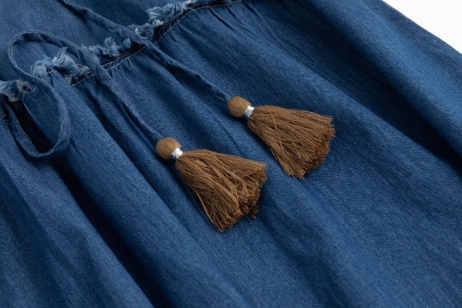 Blue Denim Layer Skirt With Tassels