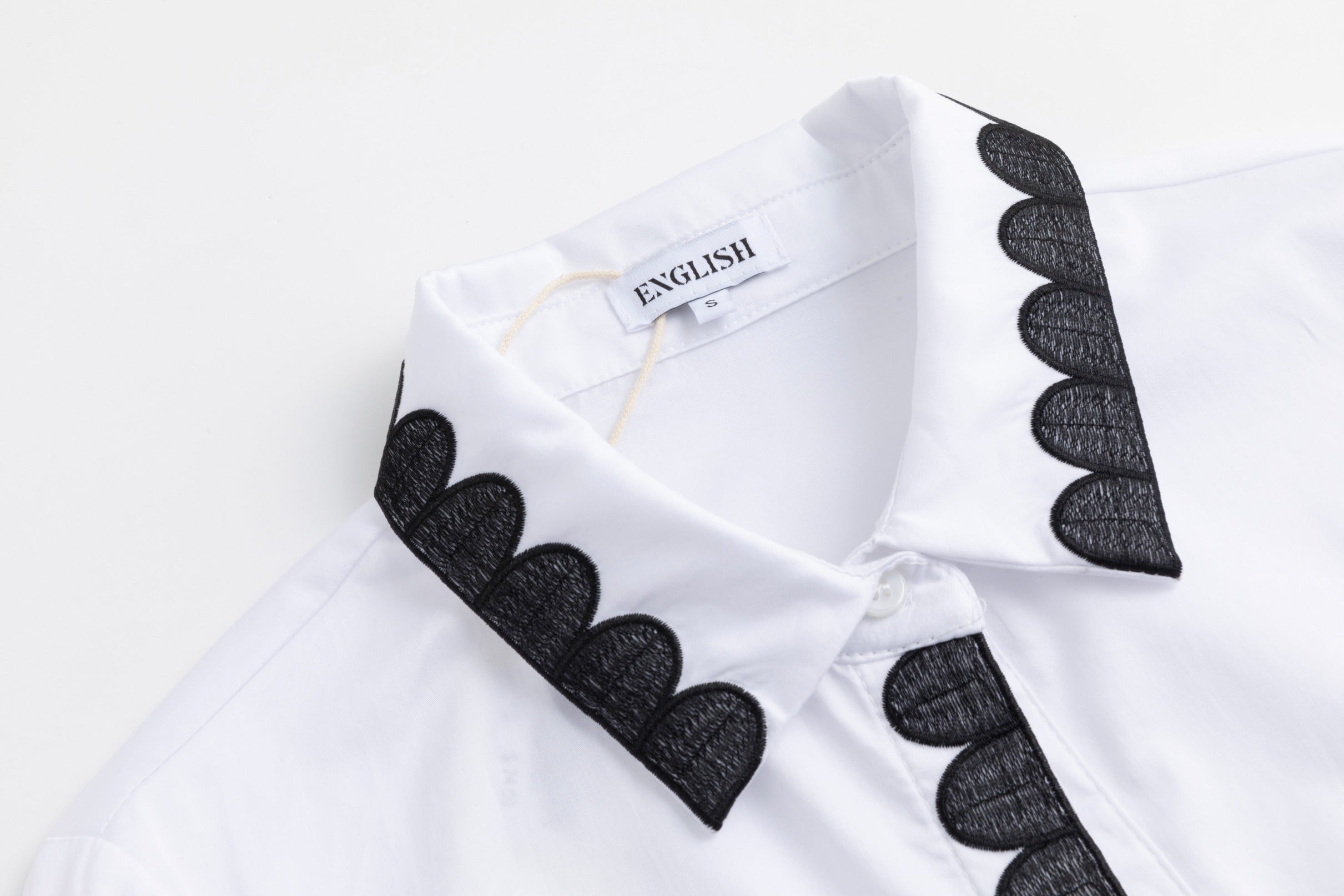 White Cotton Shirt With Black Scallop Embroidery