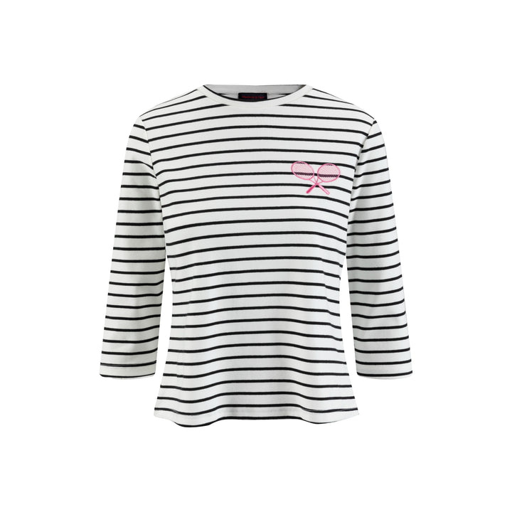 Black/White Stripes Pink Embroidery Knit Top