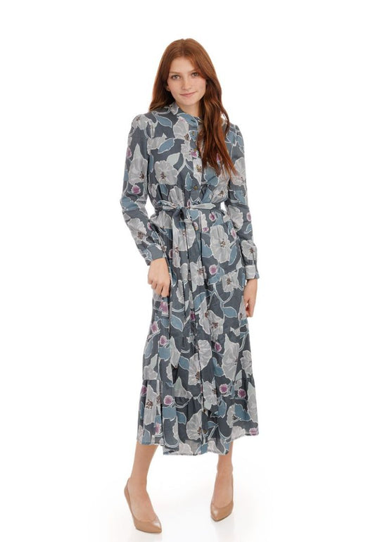 Slate Blue Printed Layered Dress With Belt