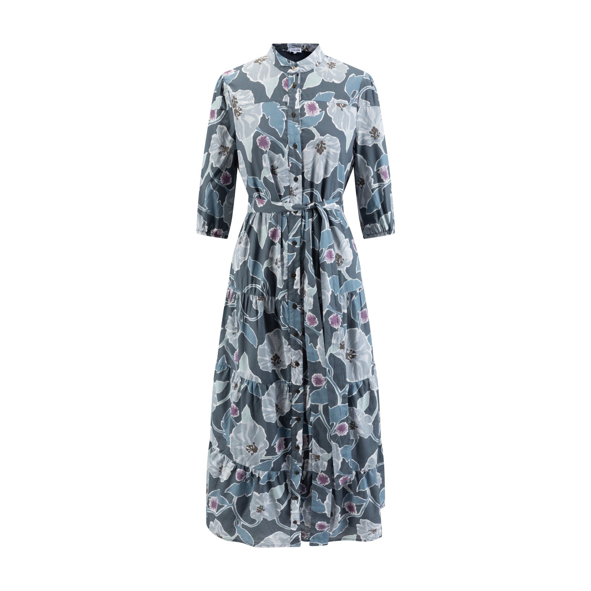 Slate Blue Printed Layered Dress With Belt