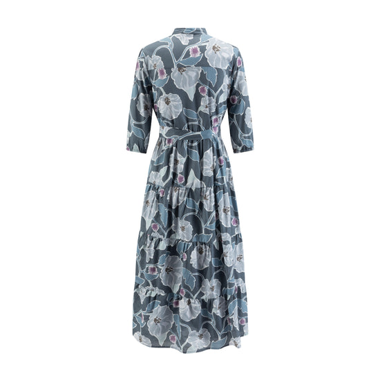 Slate Blue Printed Layered Dress With Belt