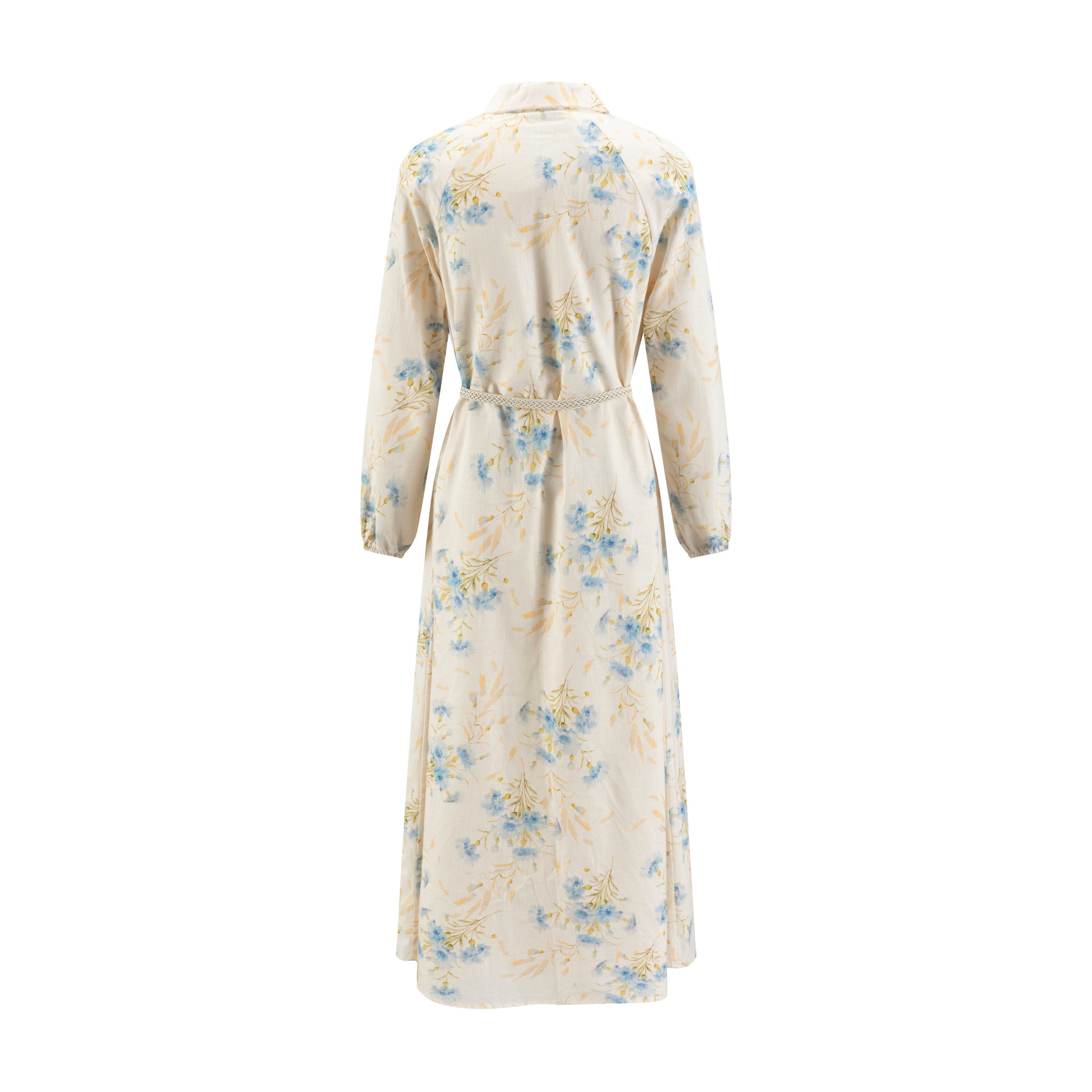 Blue Flower Printed Linen Shirt Dress