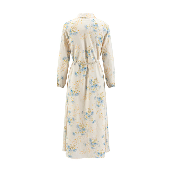 Blue Flower Printed Linen Shirt Dress