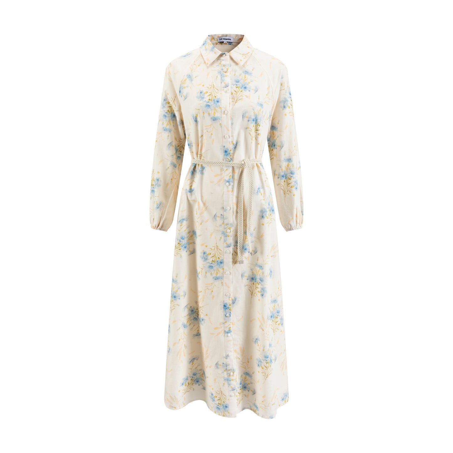 Blue Flower Printed Linen Shirt Dress