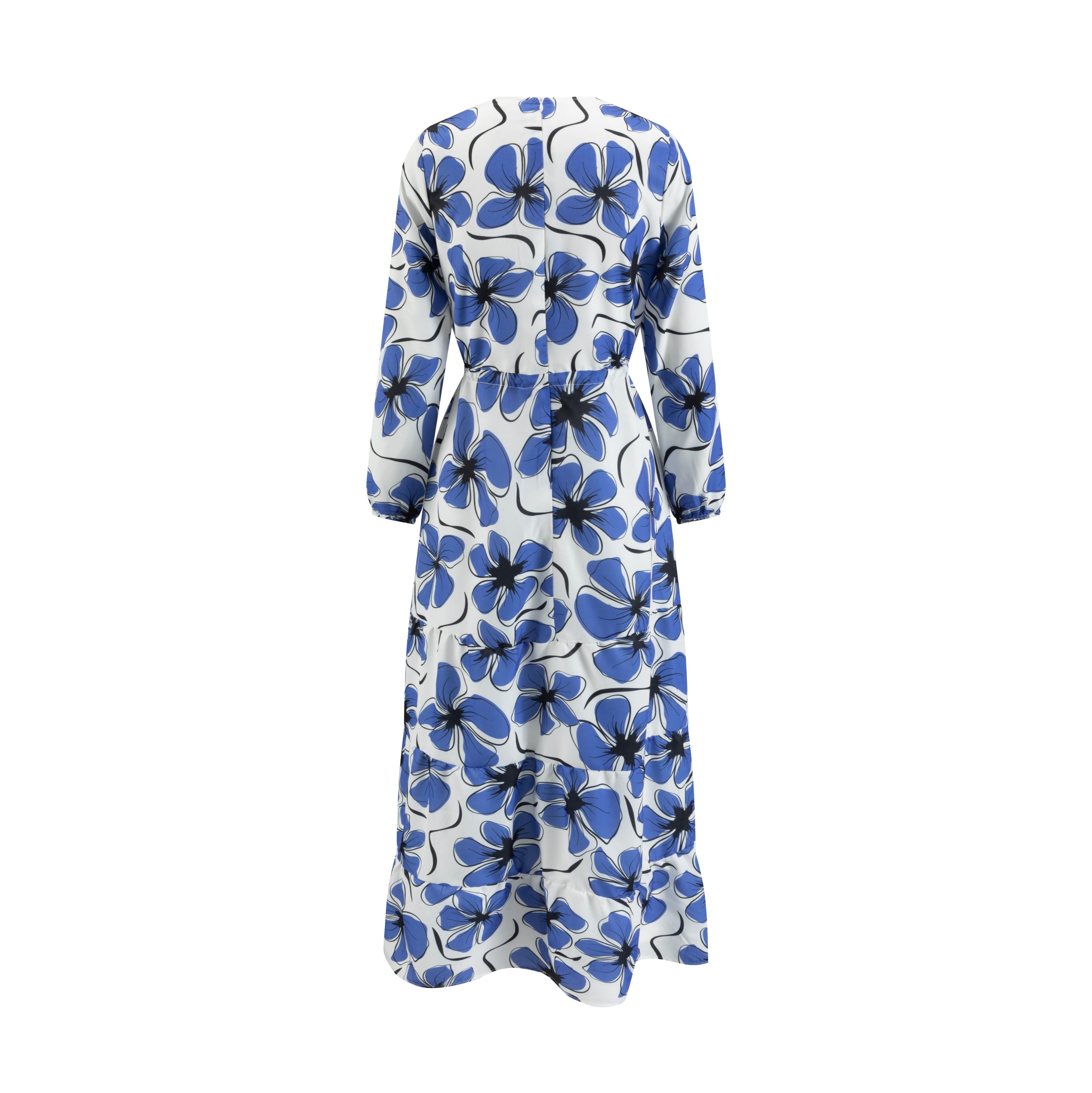 White Base Royal Blue Printed Layer Dress With Drawstring