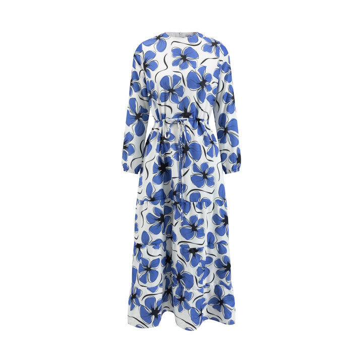 White Base Royal Blue Printed Layer Dress With Drawstring