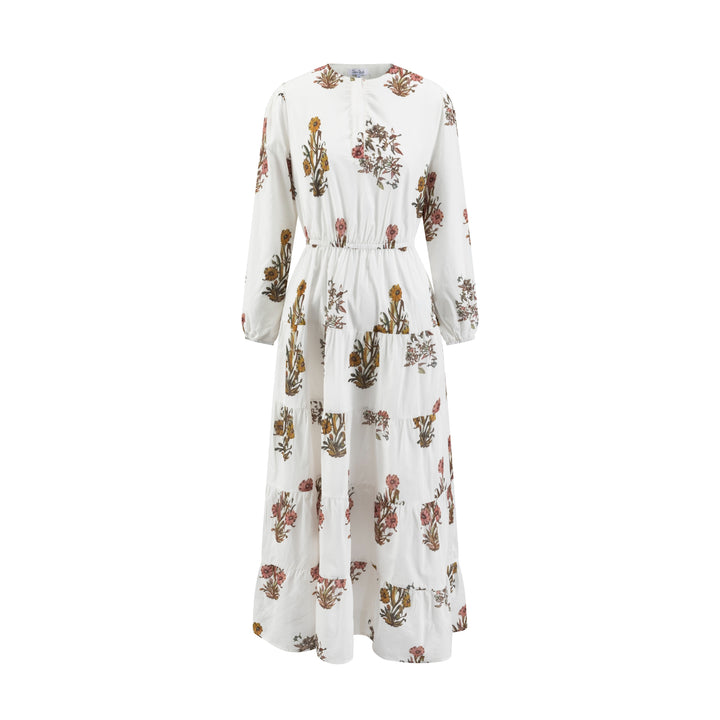 White Base Plant Printed Cotton Layer Dress