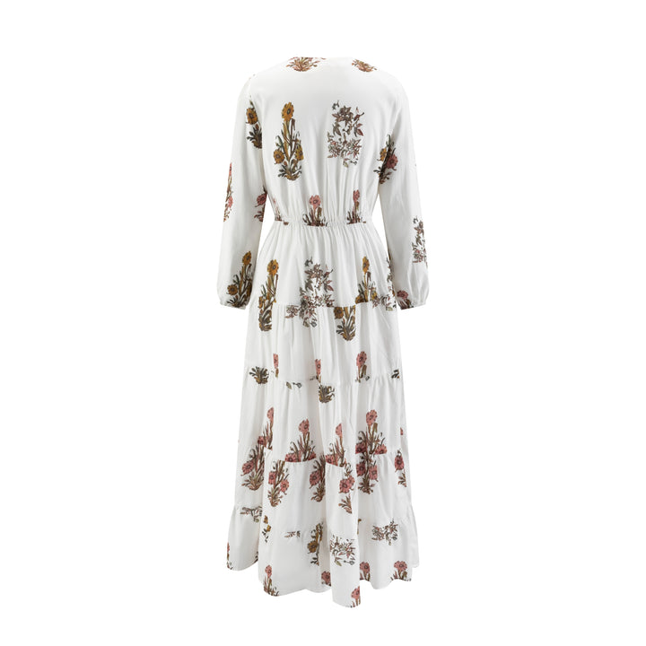 White Base Plant Printed Cotton Layer Dress