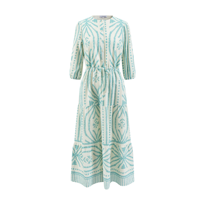 White Base Light Blue Printed Linen Layer Dress