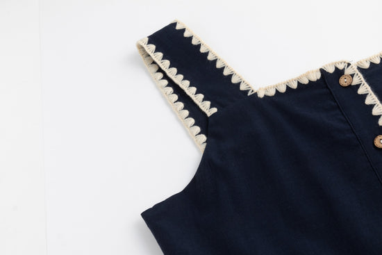 Solid Navy Linen Layer Jumper With White Stitching