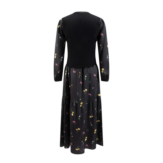 Black Base Multiflowered Printed Layer Dress With Knit Vest