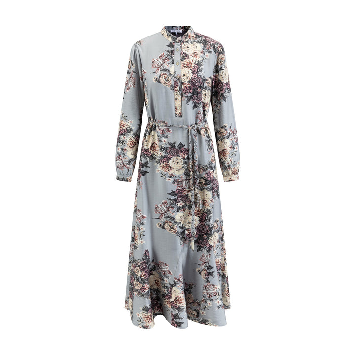 Light Blue Base Ivory Flower Printed Dress With Weave Belt