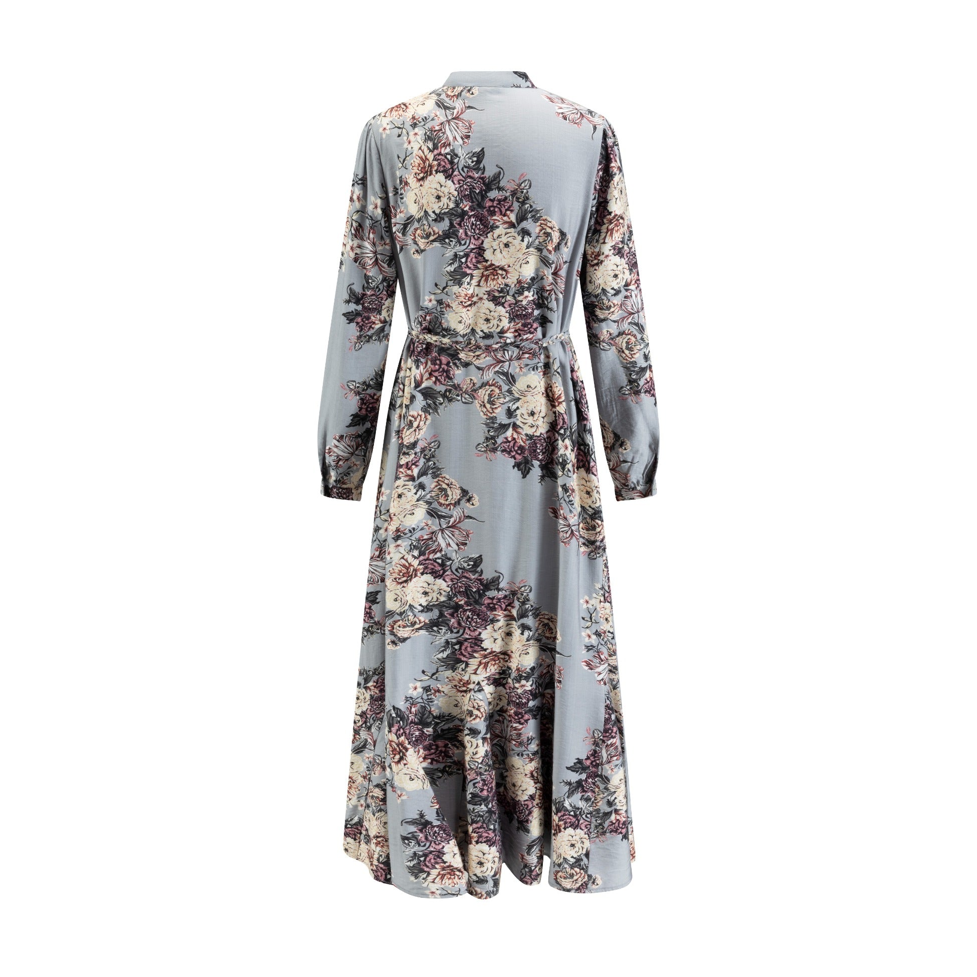 Light Blue Base Ivory Flower Printed Dress With Weave Belt