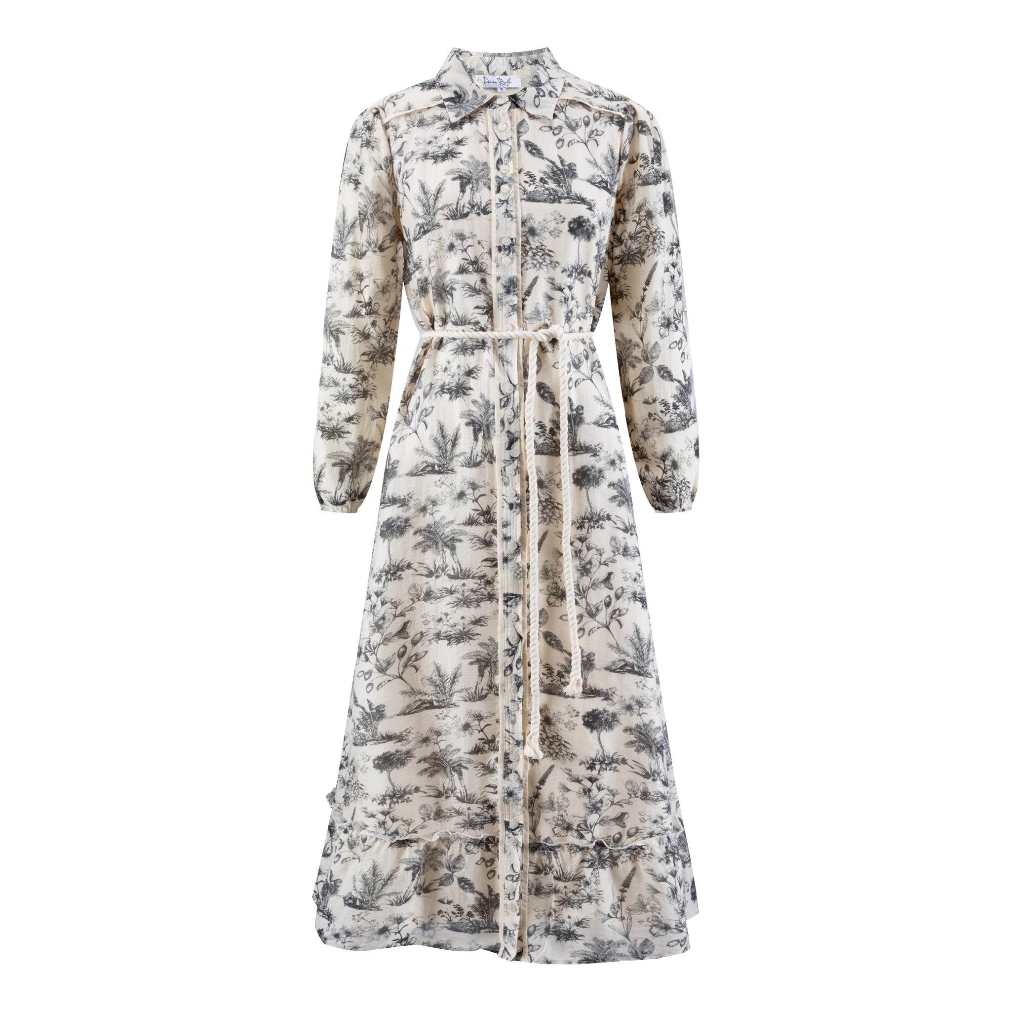 Black Plant Printed Shirt Dress With Weave Belt