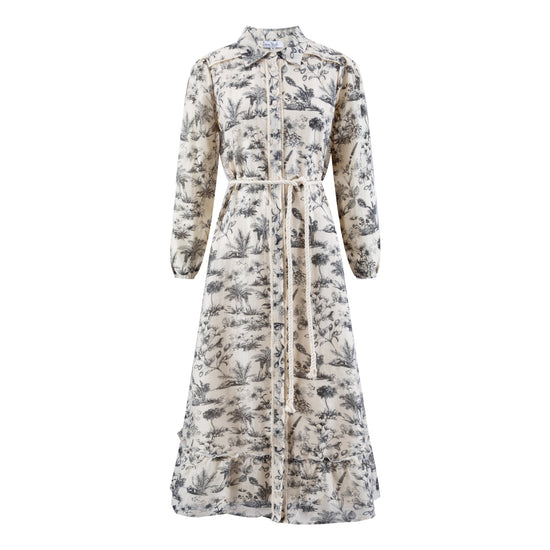 Black Plant Printed Shirt Dress With Weave Belt