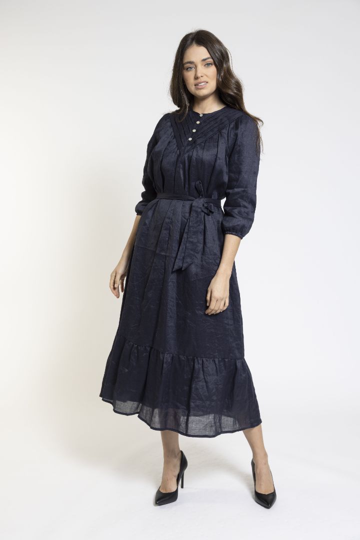 Inky Blue Front Pleat Dress