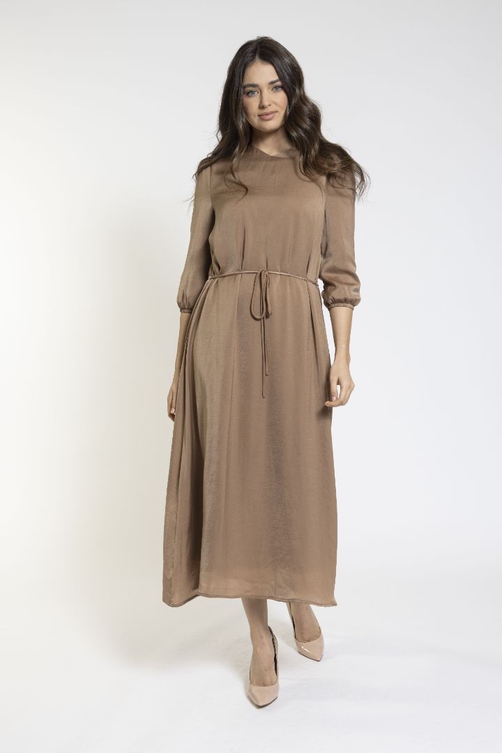 Tan V-Neck Dress With Waist String