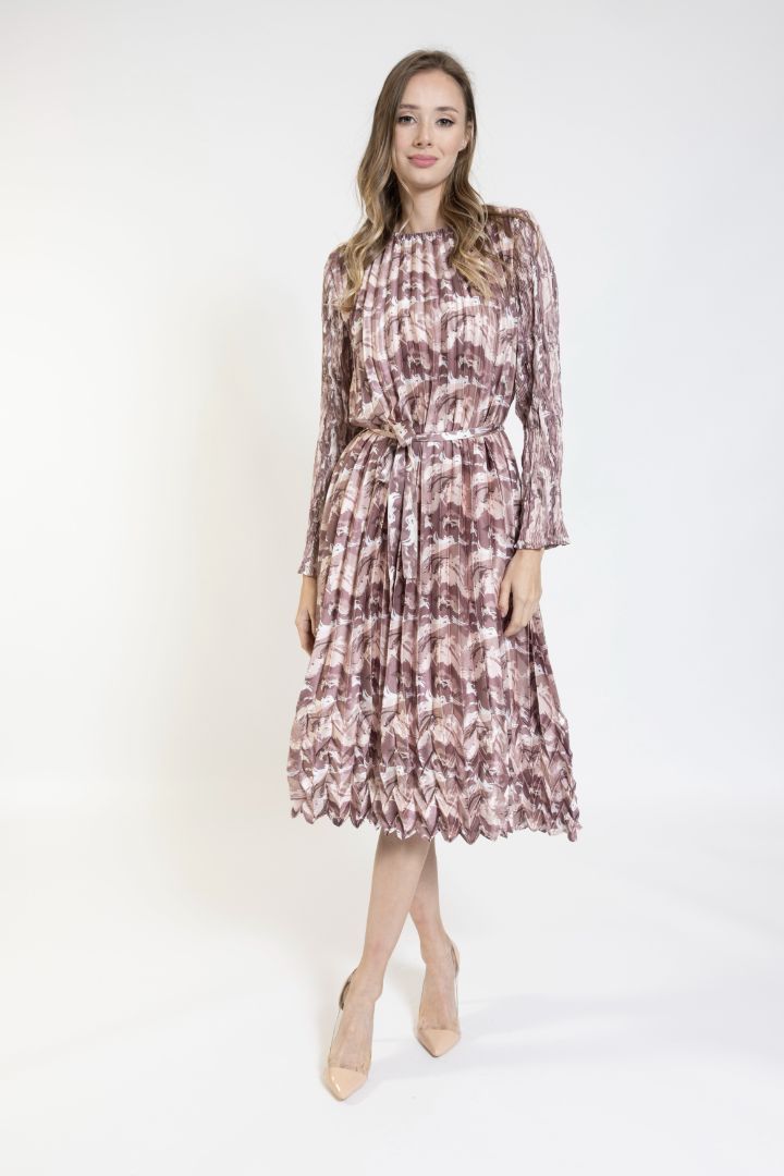 Pleated Pink Printing Dress With Belt