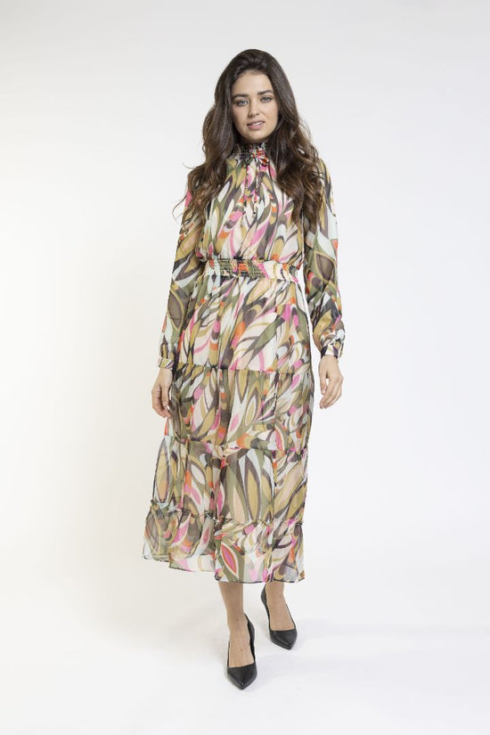 Gorgeous Print Dress With Smocking Mock Neck And Waist