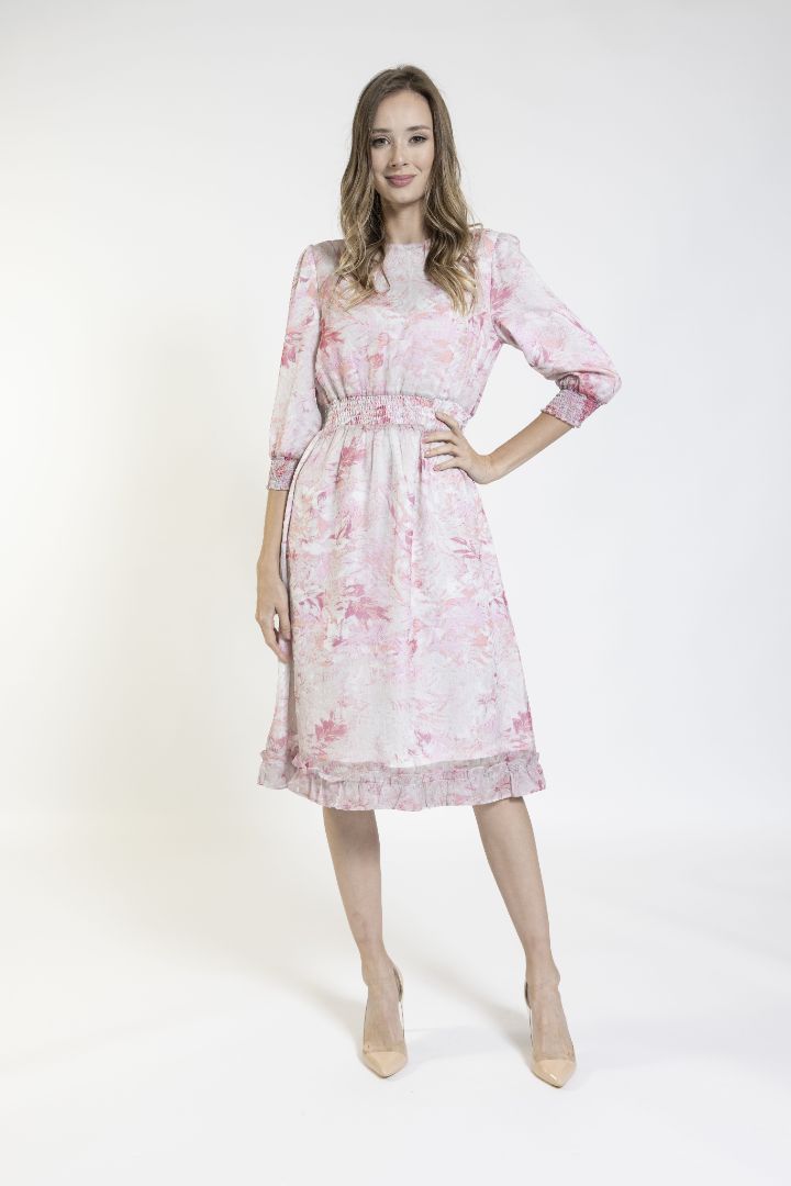 Smocking Waist And Cuff Print Dress