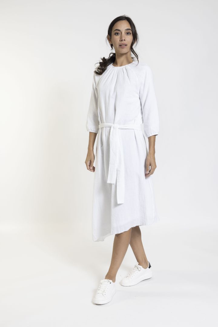 White Dress With Belt And Raglan Sleeve