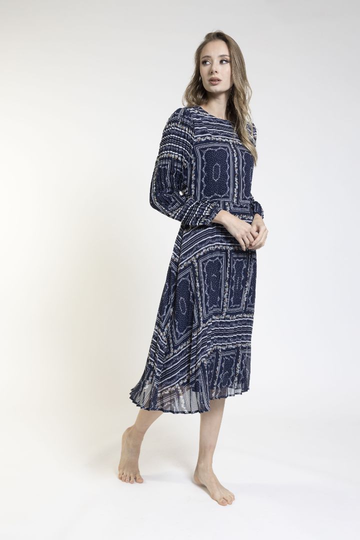 Blue Print Bottom Pleat Dress