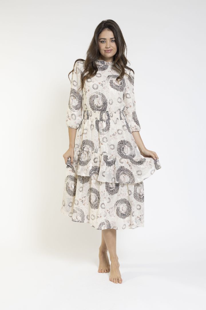 White Print Smocking Waist And Layered Bottom Ruffle Dress