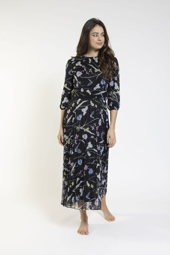 Black Floral Dress With Bottom Pleat