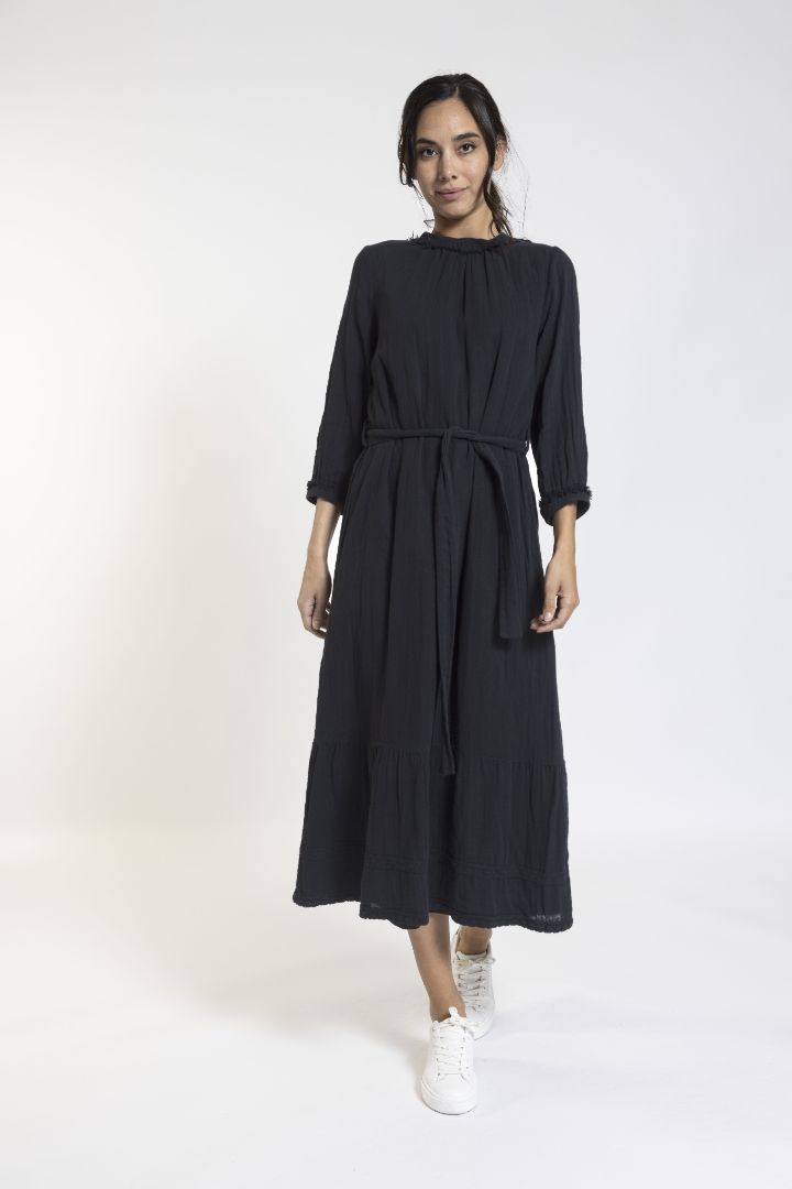 Black Belted Dress With Ruffle Neck And Sleeve Cuff