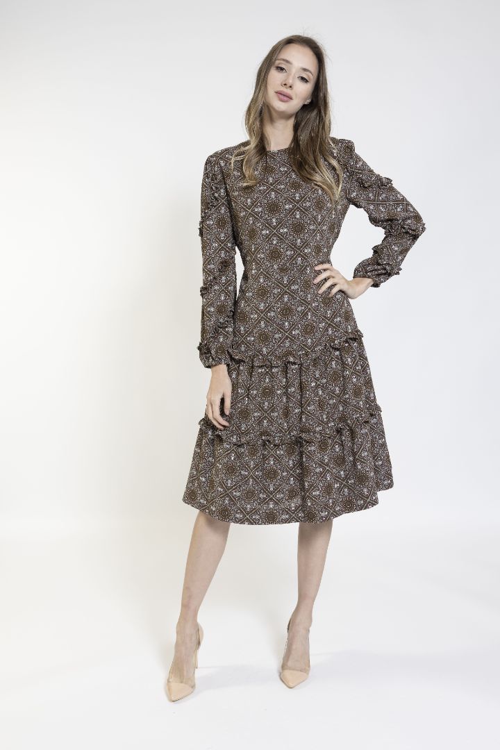 Tan Print Botton And Sleeve Ruffle Dress