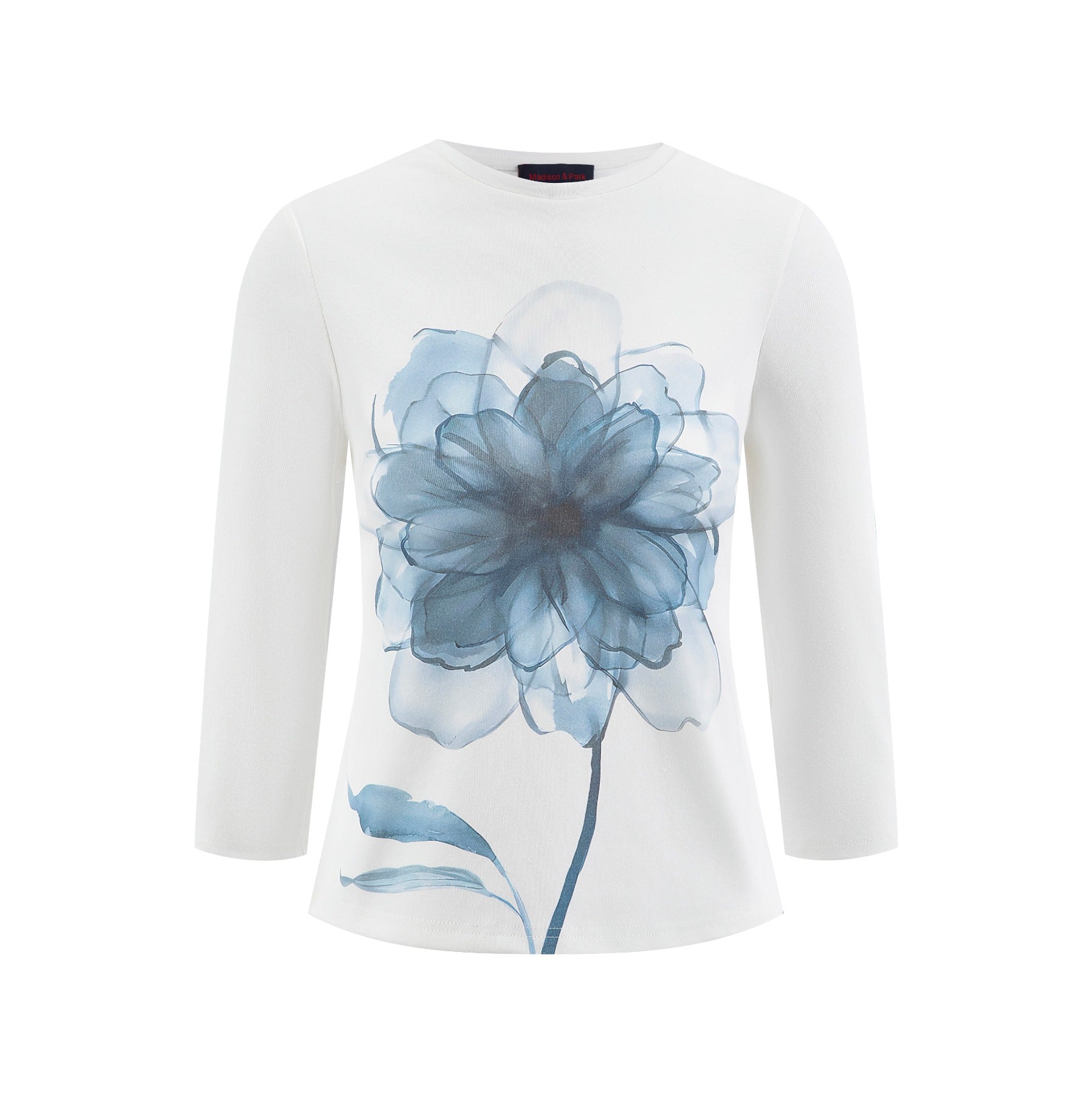 White Base Big Blue Flower Printed Knit Top