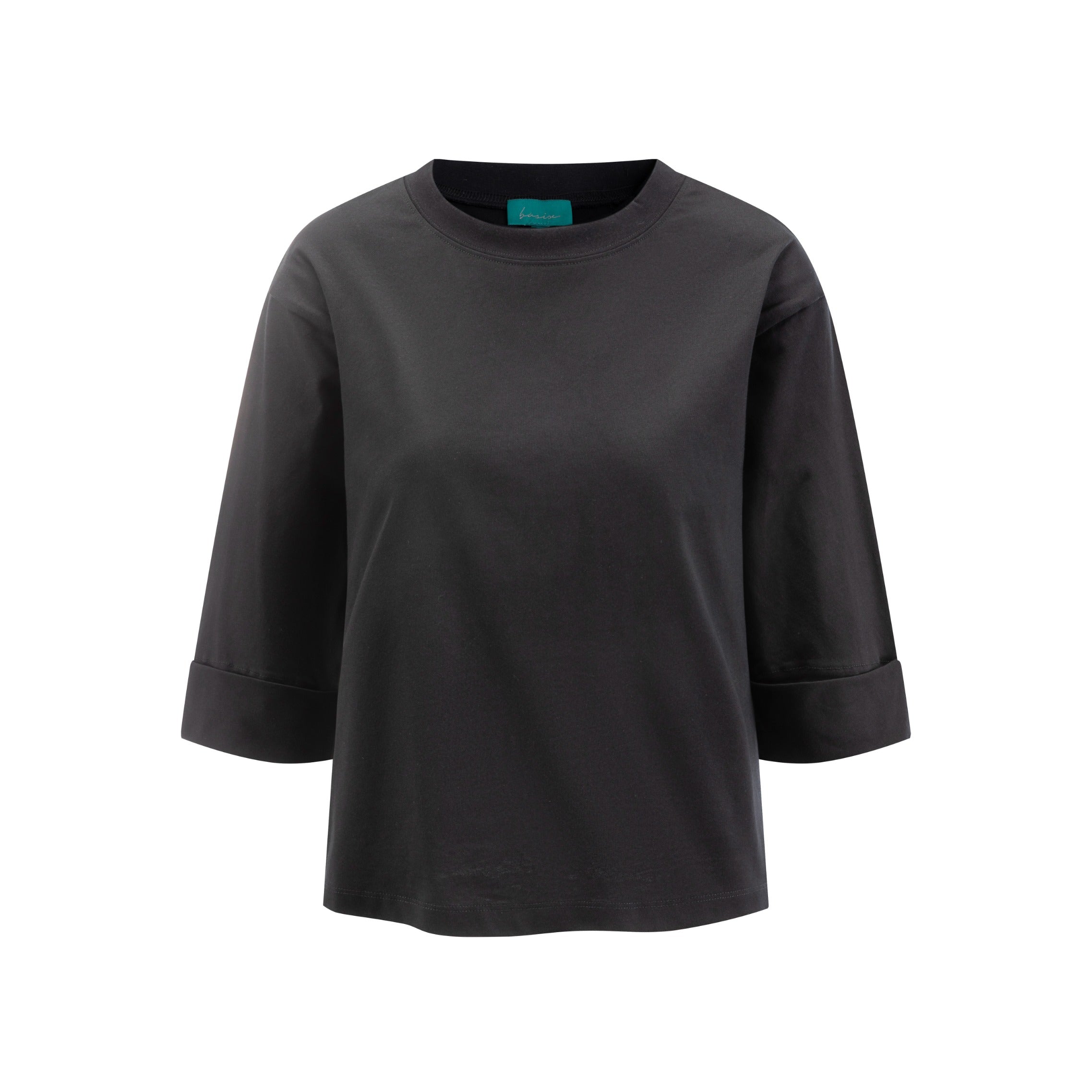 Boxy Fold Over Sleeve T-Shirt- Black