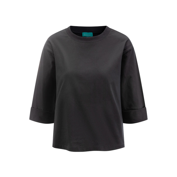 Boxy Fold Over Sleeve T-Shirt- Black