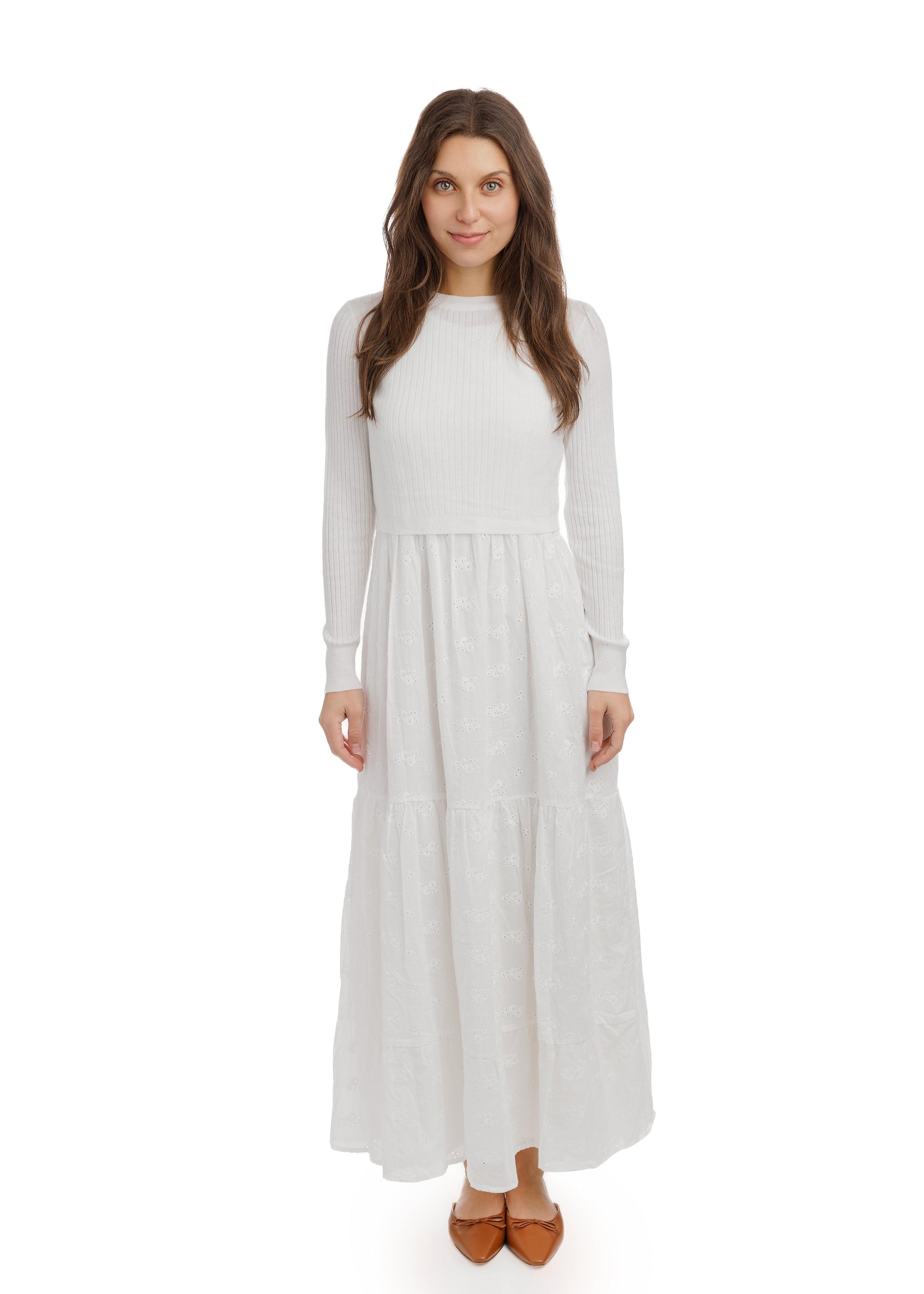 White Eyelet Dress With Knit Overlay