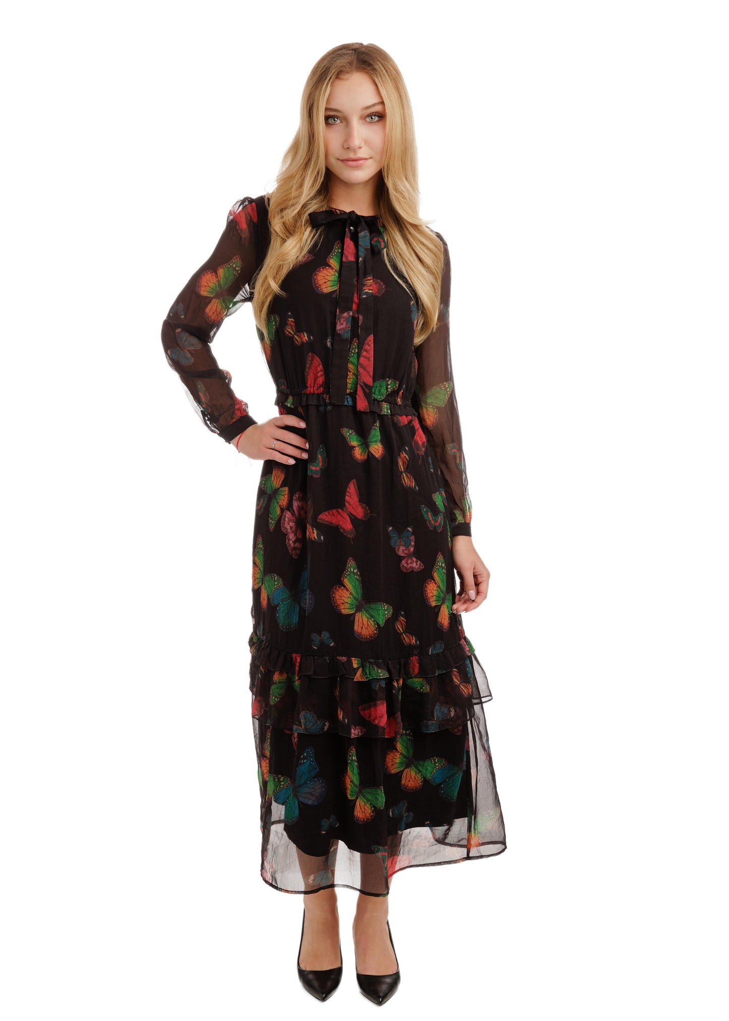 Black Base Multicolor Butterfly Printed Layer Dress