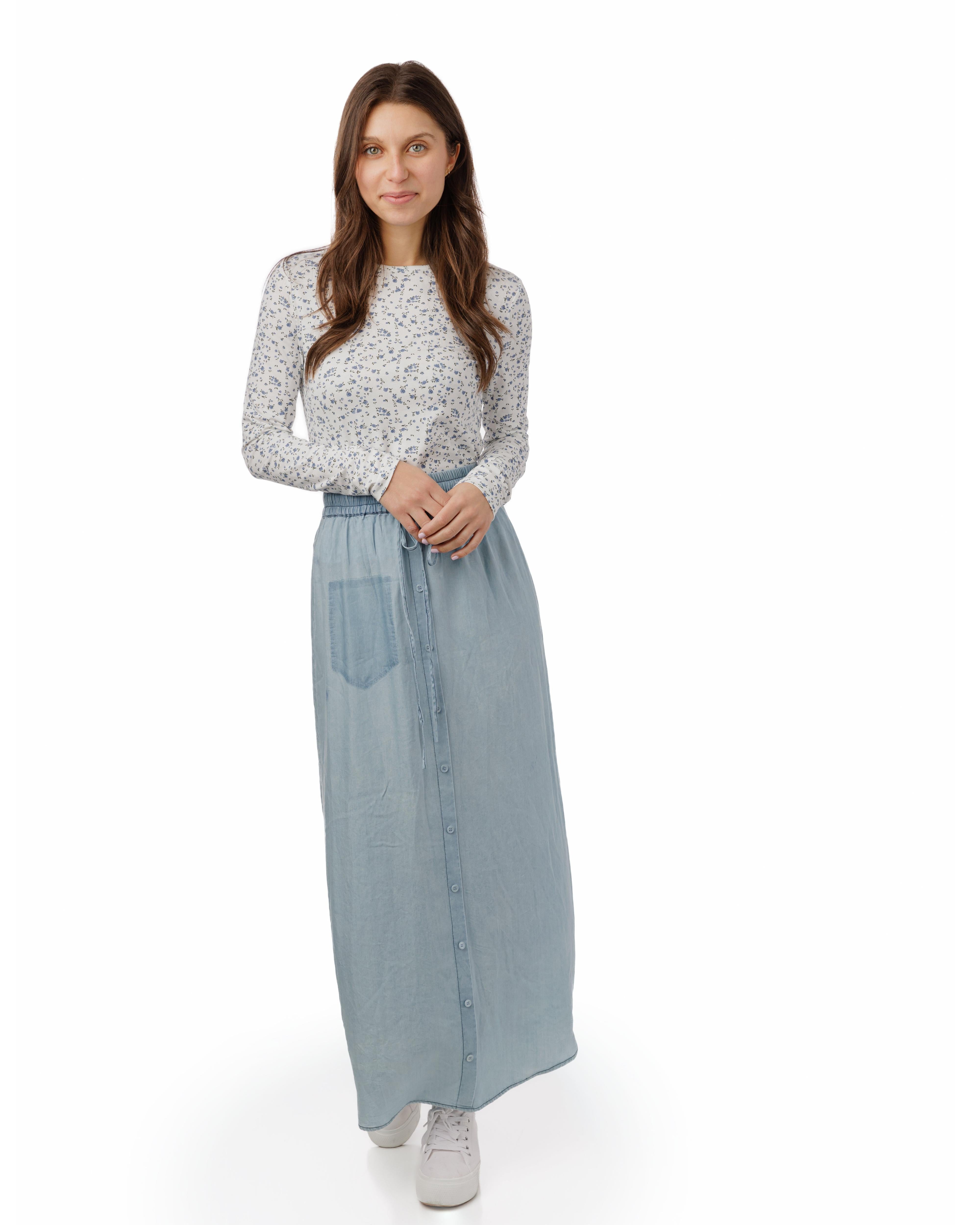 Light Blue Denim Smocking Waist Skirt