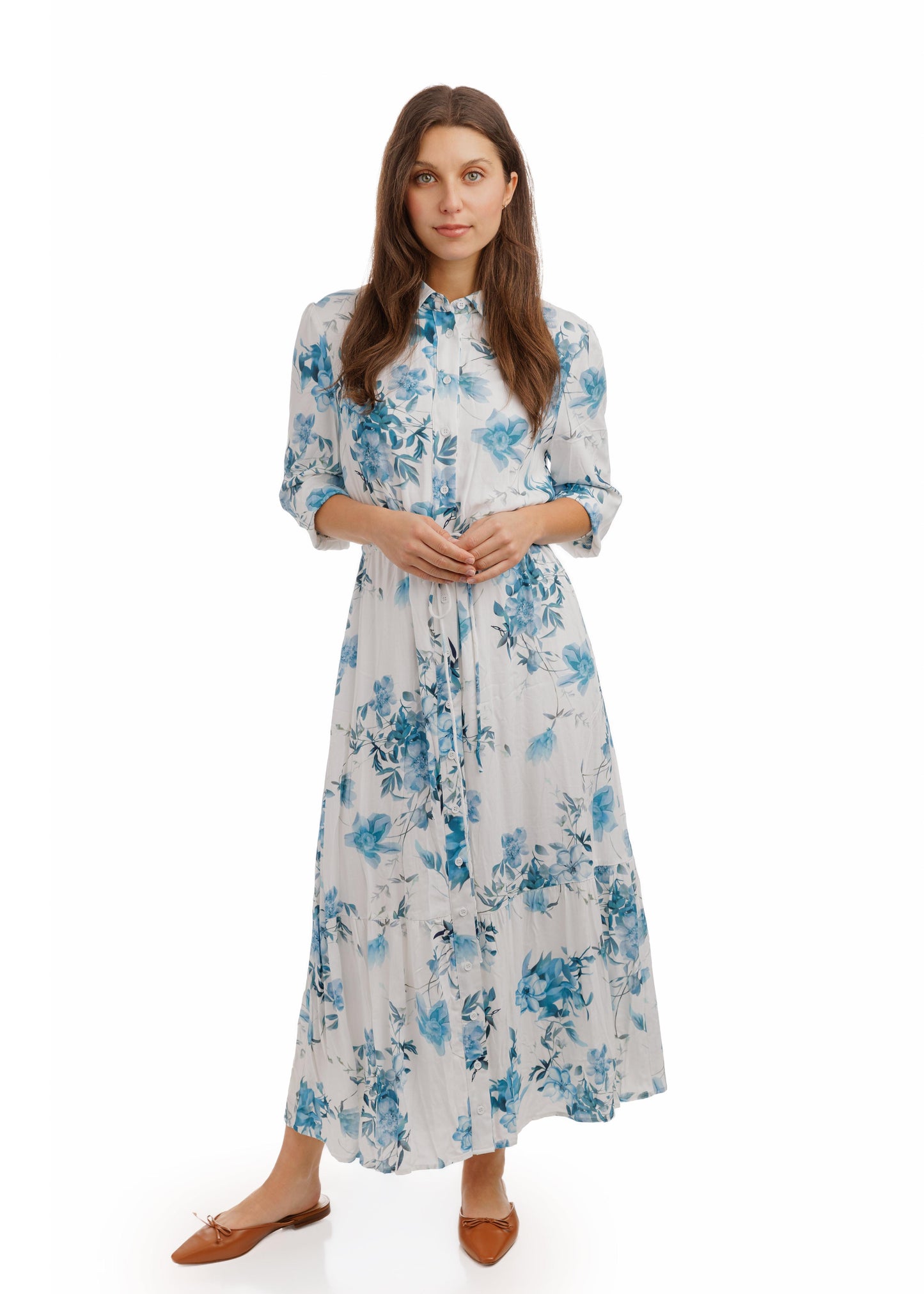 Blue Flower Printed Drawstring Waisted Shirt Dress