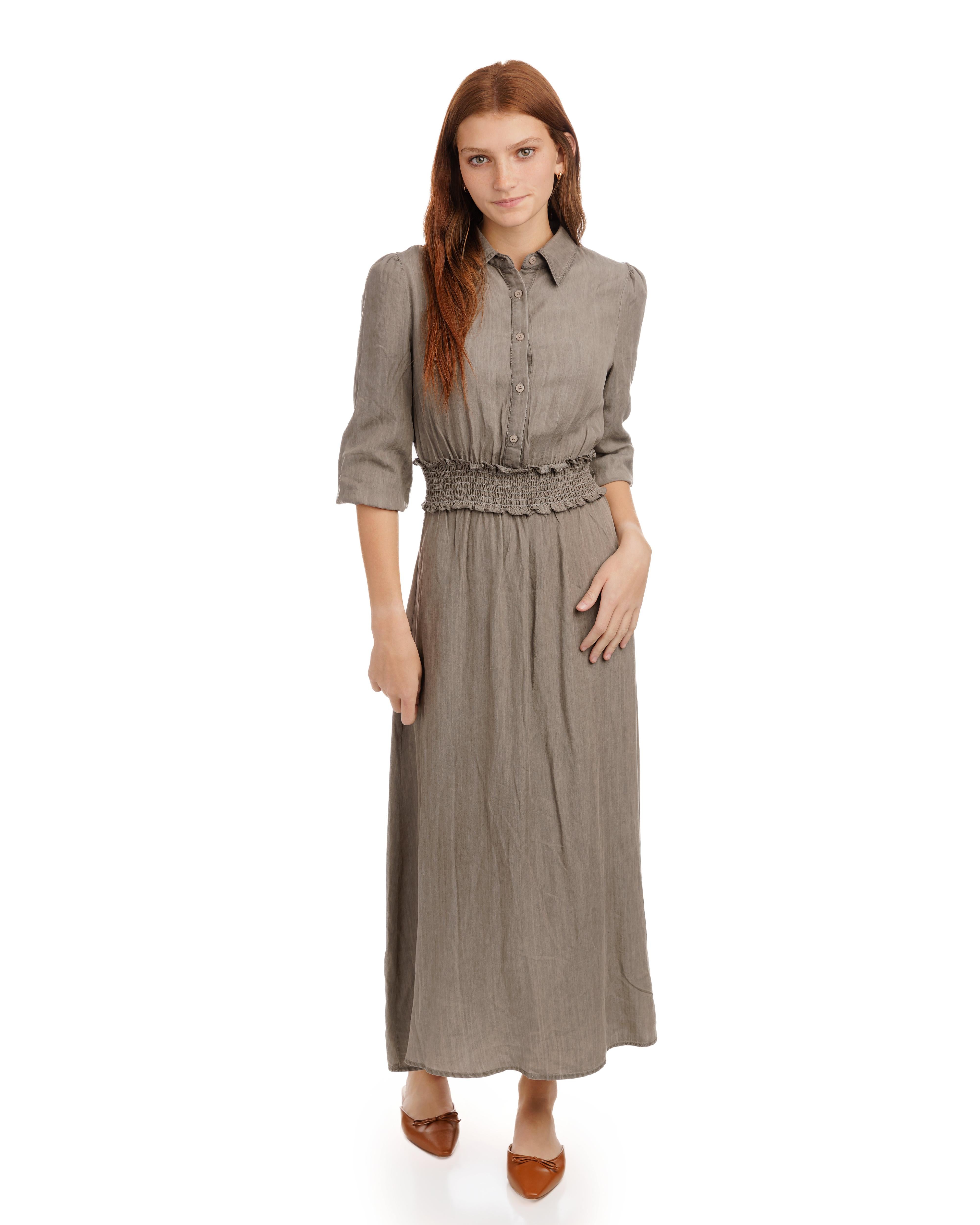 Grey Smocking Waisted Shirt Dress