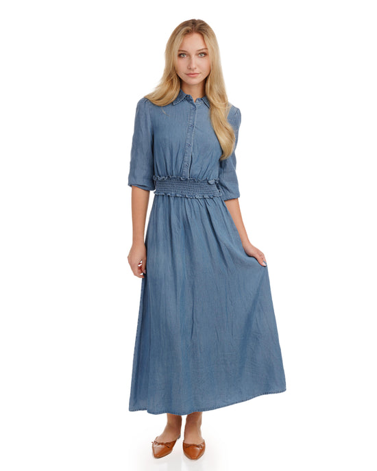 Blue Smocking Waisted Shirt Dress