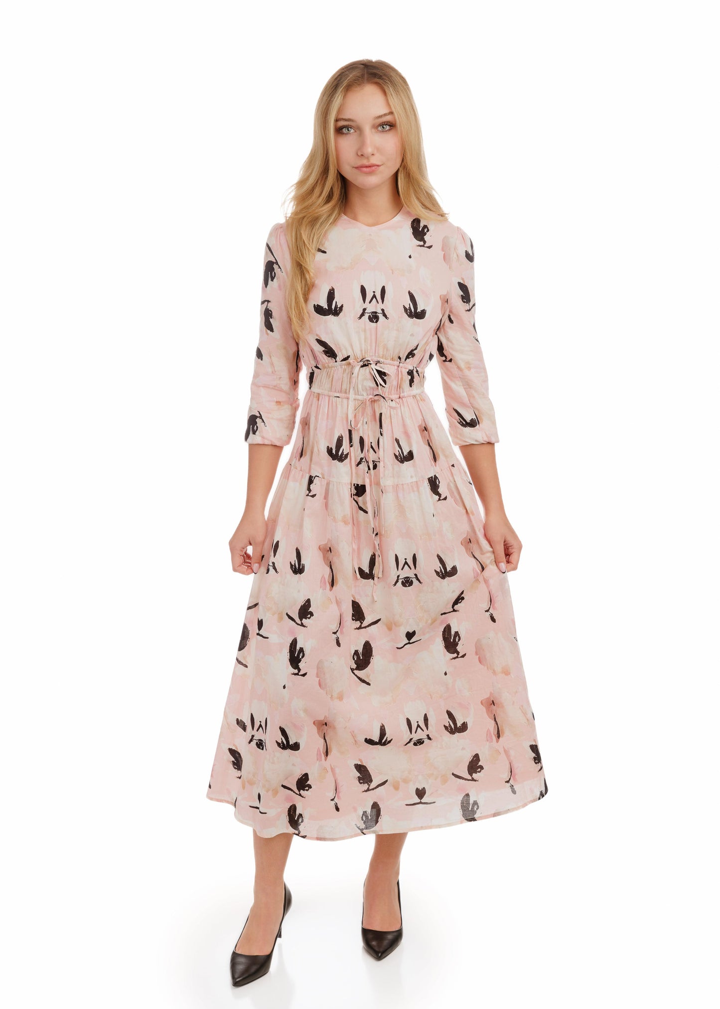 Pink Base Black/White Printed Drawstring Dress