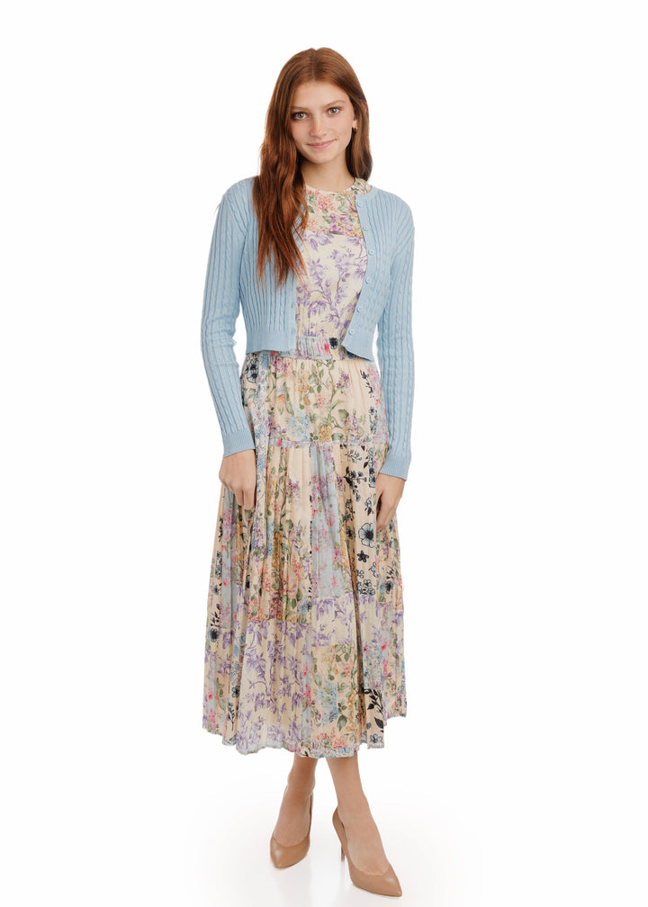 Multicolor Patchwork Pattern Elastic Waist Jumper With Light Blue Knit Cardigan Overlay