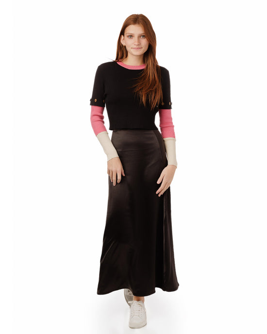 Black Ribbed Knit Top With Color Block Sleeve