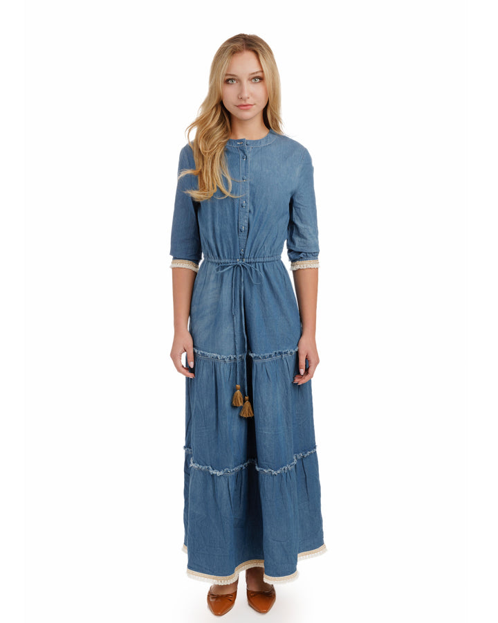 Blue Denim Layer Dress With Tassels