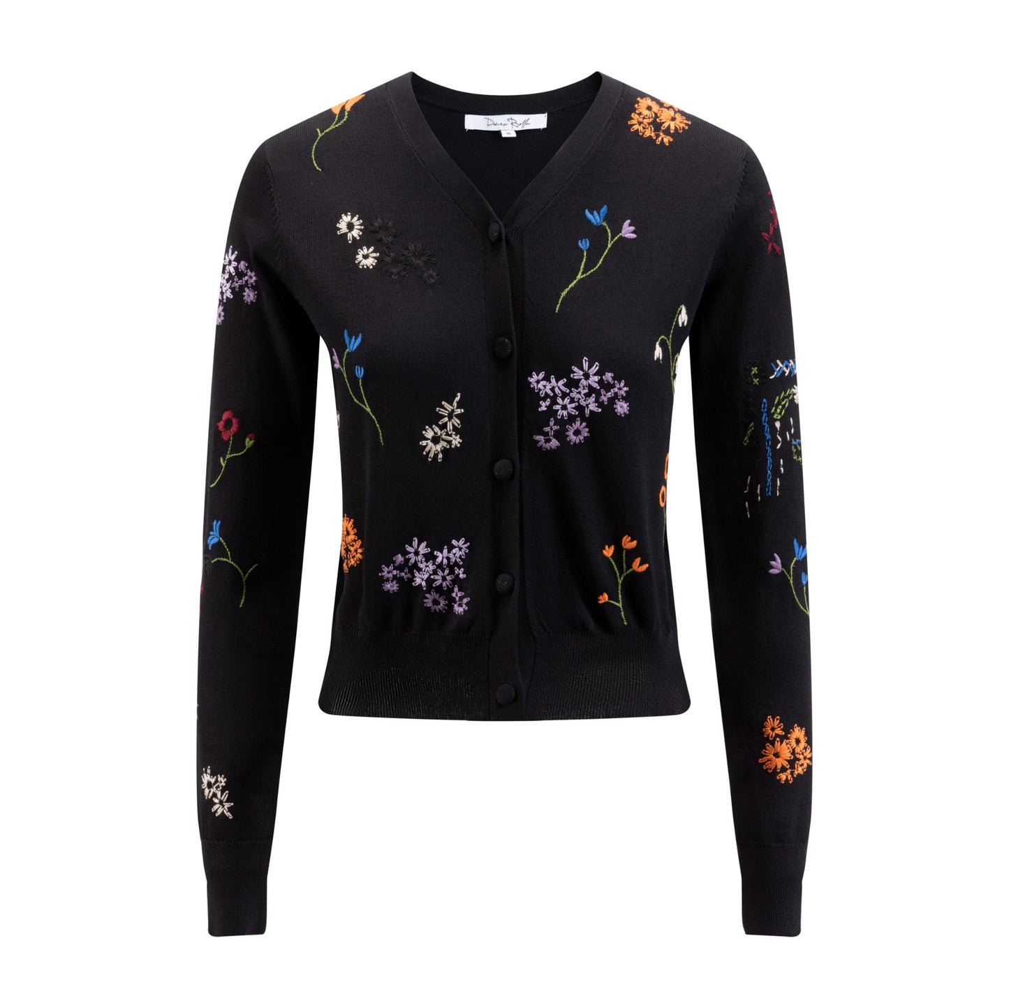 Black Knit Cardigan With Multi Color Floral Embroidery