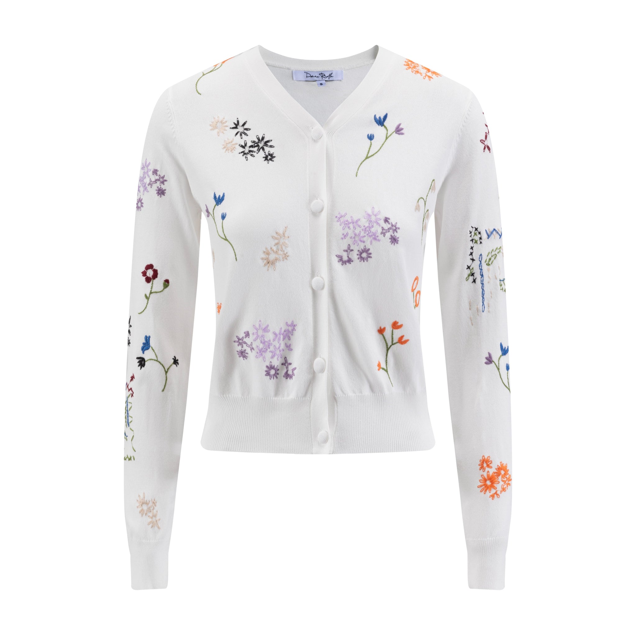 White Knit Cardigan With Multi Color Floral Embroidery