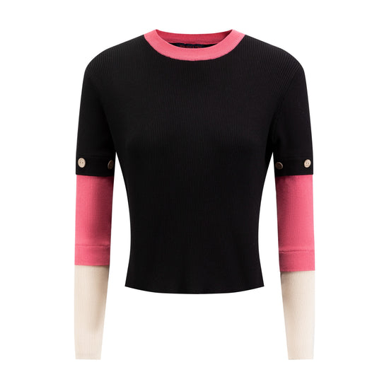 Black Ribbed Knit Top With Color Block Sleeve