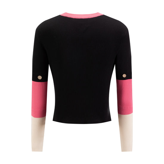 Black Ribbed Knit Top With Color Block Sleeve