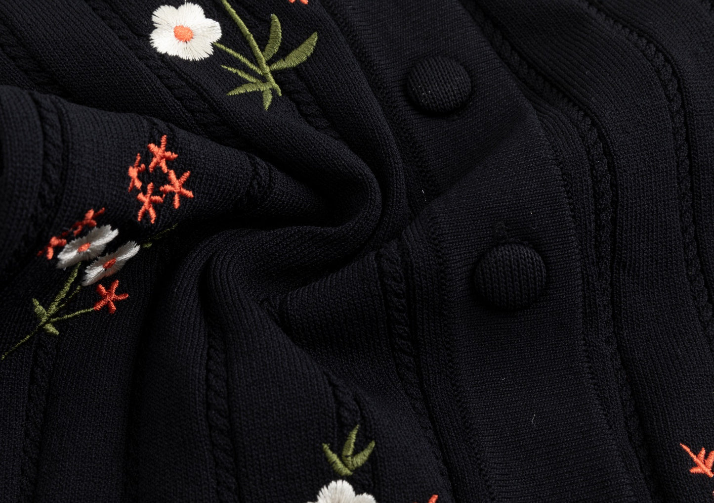 Black Knit Cardigan With Green And Orange Floral Embroidery